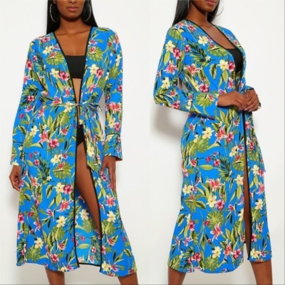 Belted Blue floral print kimono duster - Picture 1 of 1